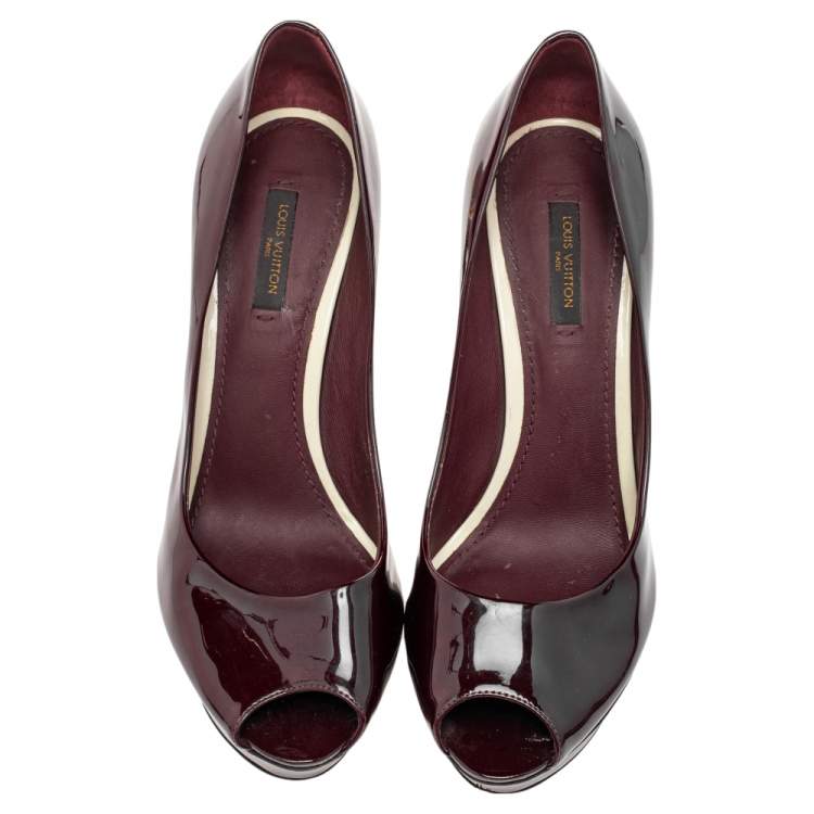 Pre Owned Louis Vuitton Burgundy Patent Leather Eyeline Peep Toe Platform Pumps Size 39