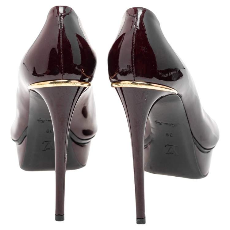 Pre Owned Louis Vuitton Burgundy Patent Leather Eyeline Peep Toe Platform Pumps Size 39