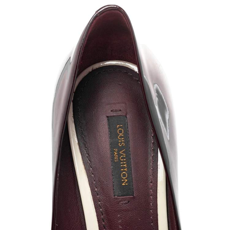 Pre Owned Louis Vuitton Burgundy Patent Leather Eyeline Peep Toe Platform Pumps Size 39