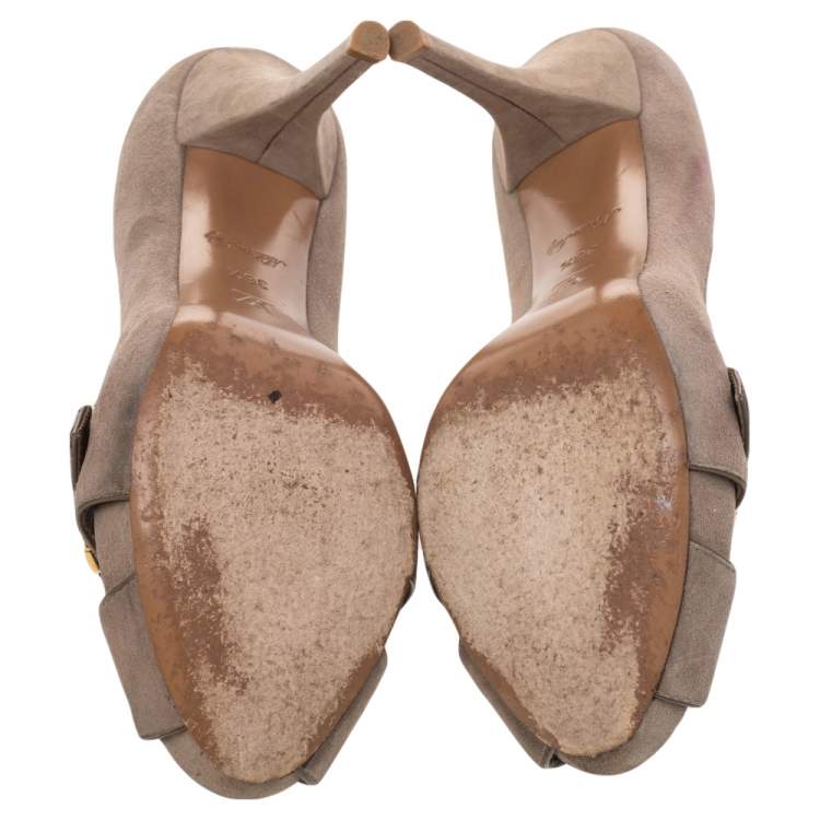 Pre Owned Louis Vuitton Beige Suede Criss Cross Peep Toe Pumps Size 36.5