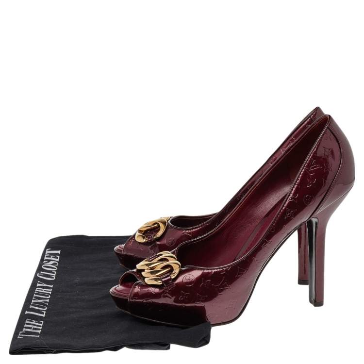 Pre Owned Louis Vuitton Burgundy Monogram Patent Leather Chain Detail Peep Toe Platform Pumps Size 40