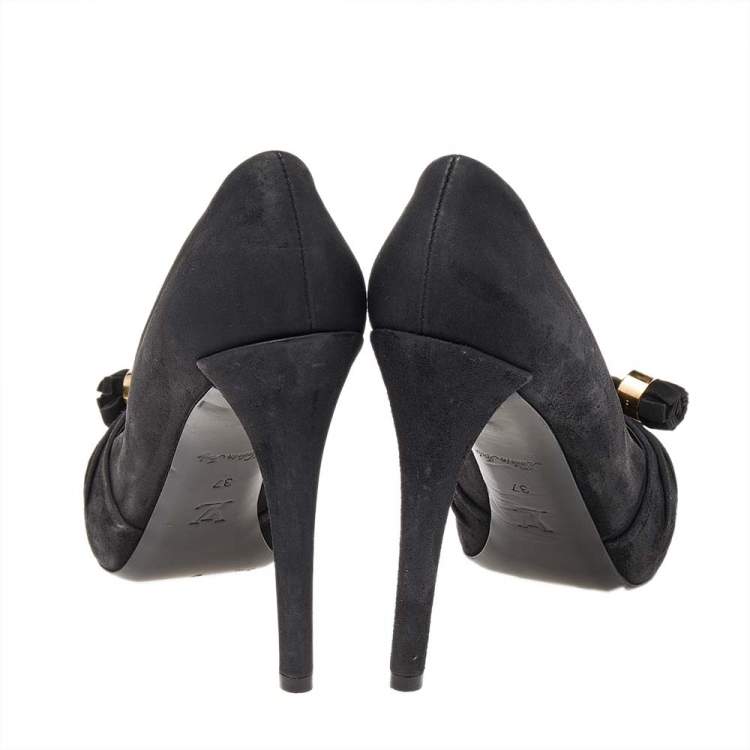 Pre Owned  Louis Vuitton Black Suede Knot Confident Tassel Platform Pumps Size 37