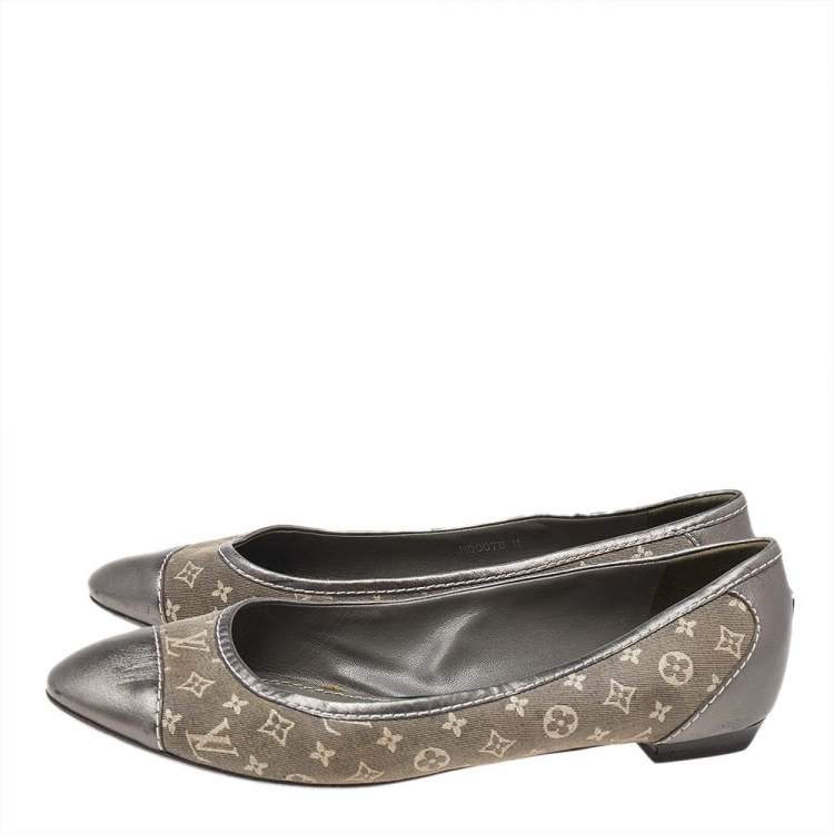 Pre Owned Louis Vuitton Metallic Grey Monogram Canvas and Leather Ballet Flats Size 37.5