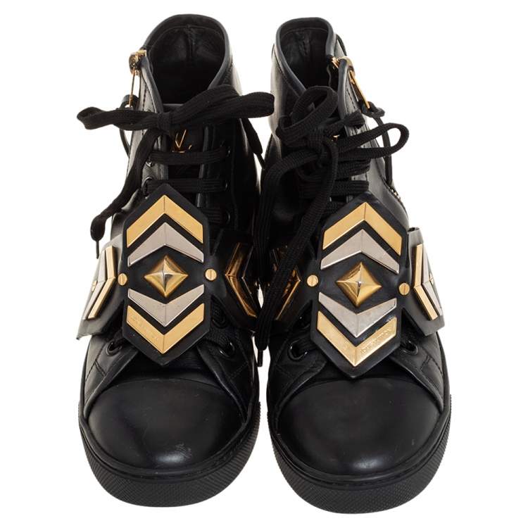 Pre Owned Louis Vuitton Black Leather Karakoram Pattern Punchy Sneaker Boots Size 36