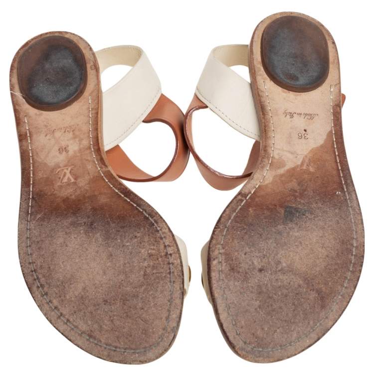 Pre Owned Louis Vuitton Cream/Brown  Leather  Slingback Flat Sandals Size 36