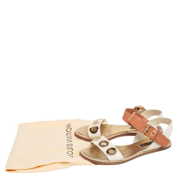Pre Owned Louis Vuitton Cream/Brown  Leather  Slingback Flat Sandals Size 36