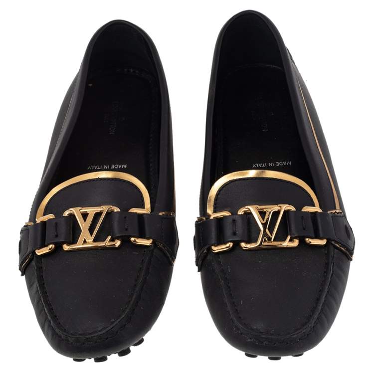 Pre Owned Louis Vuitton Black/Gold Leather Oxford Slip On Loafers Size 37