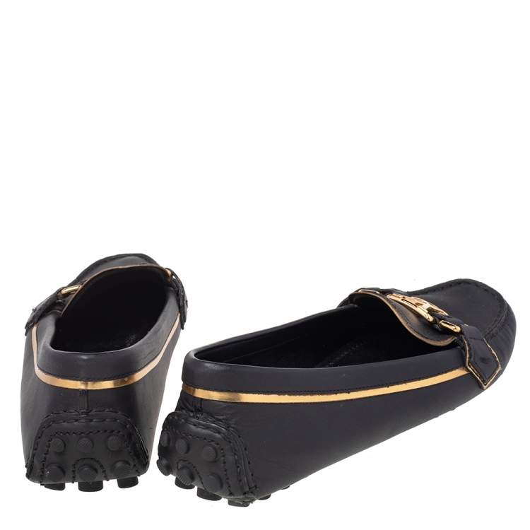 Pre Owned Louis Vuitton Black/Gold Leather Oxford Slip On Loafers Size 37