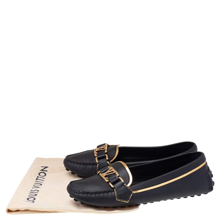 Pre Owned Louis Vuitton Black/Gold Leather Oxford Slip On Loafers Size 37