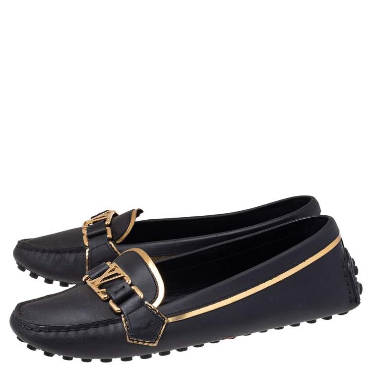 Pre Owned Louis Vuitton Black/Gold Leather Oxford Slip On Loafers Size 37