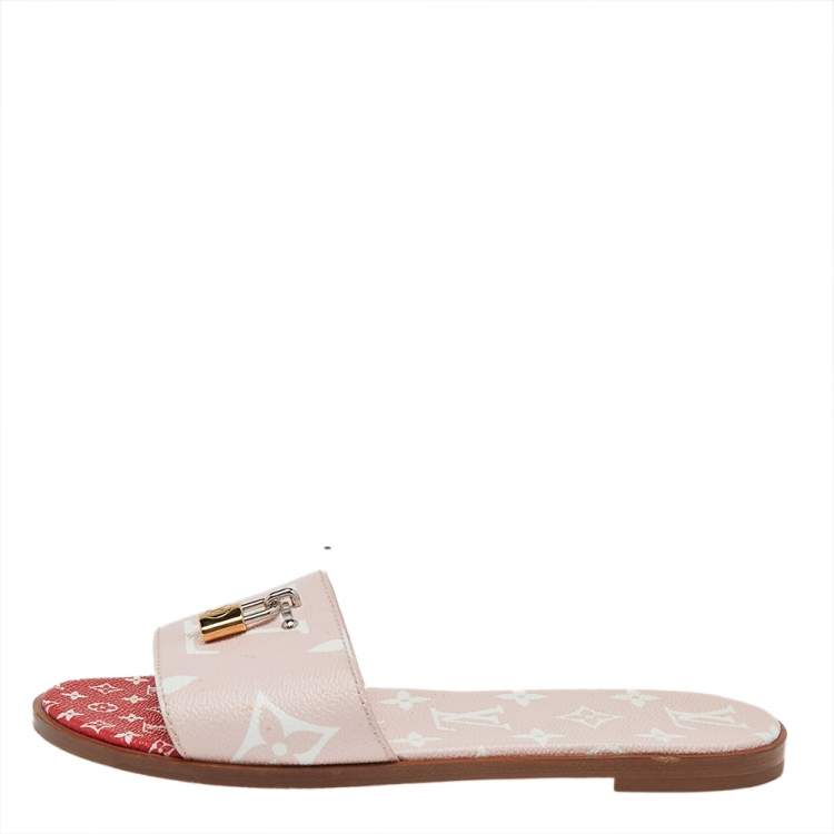 Louis Vuitton Pink/White Monogram Canvas Lock It Flat Slides Size 38 Louis  Vuitton