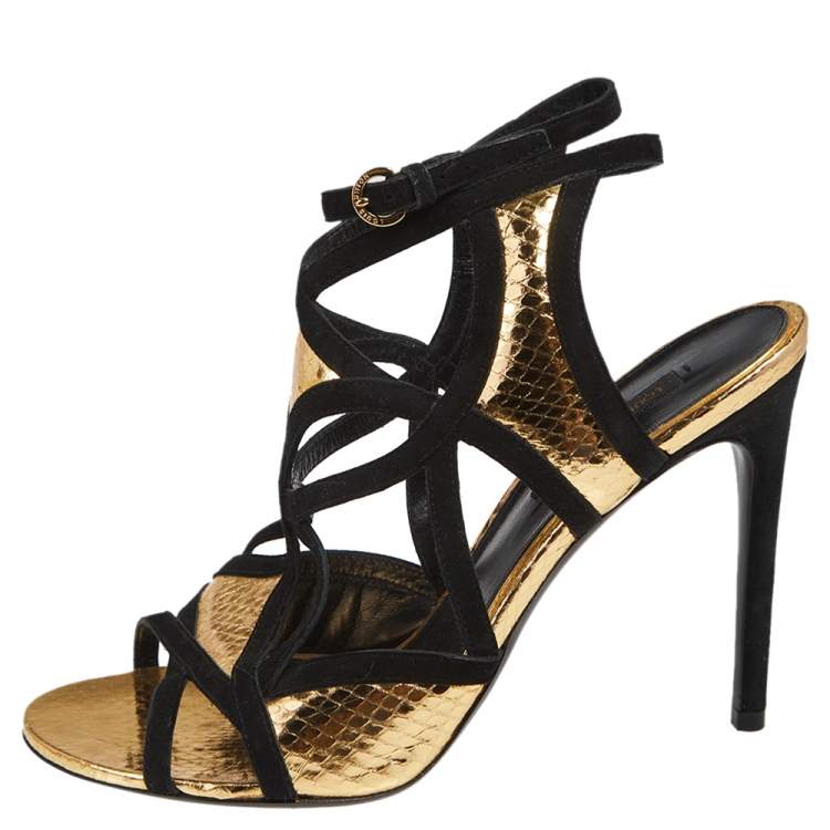 Authentic Louis Vuitton Python Embossed Ankle Strap Sandals Gold