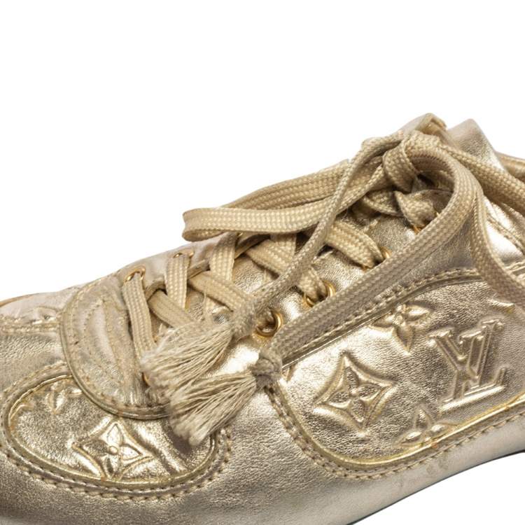 Pre Owned Louis Vuitton Metallic Gold Monogram Embossed Leather Trainers Sneakers Size 36