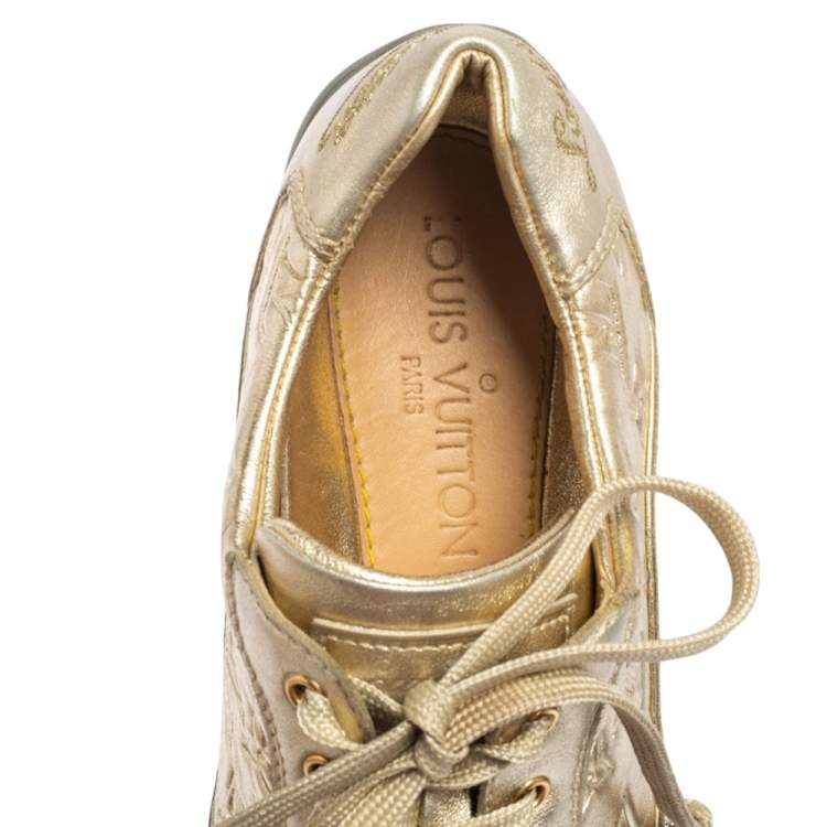 Pre Owned Louis Vuitton Metallic Gold Monogram Embossed Leather Trainers Sneakers Size 36