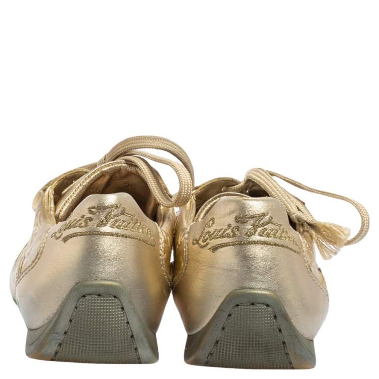 Pre Owned Louis Vuitton Metallic Gold Monogram Embossed Leather Trainers Sneakers Size 36