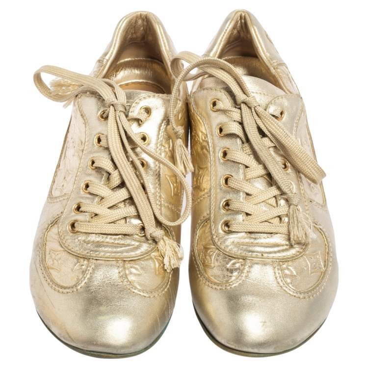 Pre Owned Louis Vuitton Metallic Gold Monogram Embossed Leather Trainers Sneakers Size 36