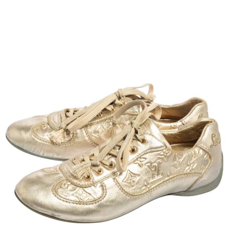 Pre Owned Louis Vuitton Metallic Gold Monogram Embossed Leather Trainers Sneakers Size 36