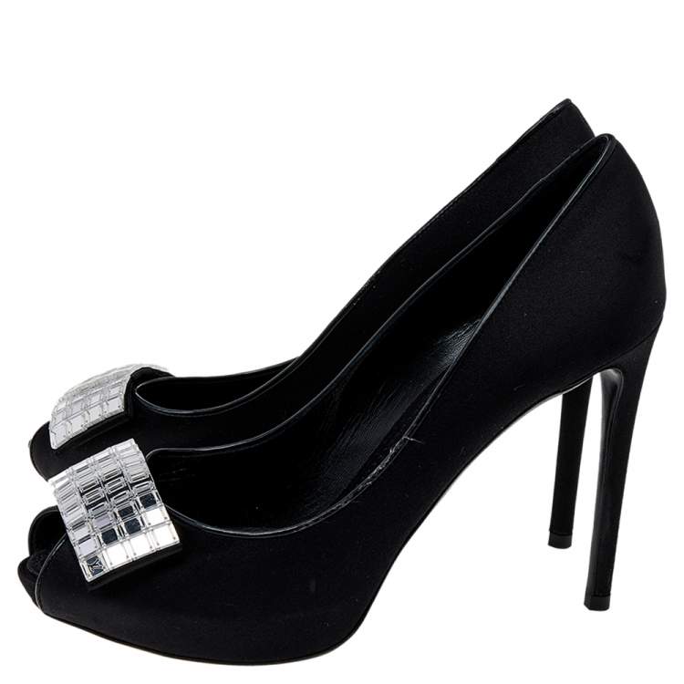 Pre Owned Louis Vuitton Black Satin Embellished Peep Toe Pumps Size 39