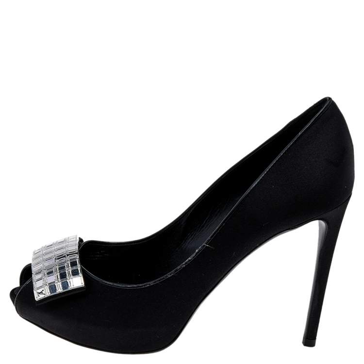 Pre Owned Louis Vuitton Black Satin Embellished Peep Toe Pumps Size 39