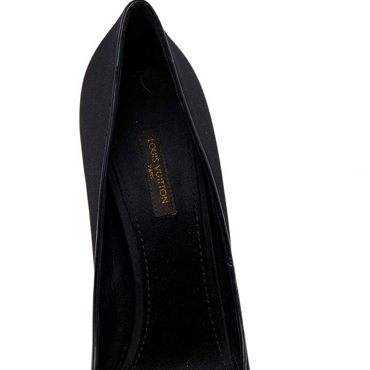 Pre Owned Louis Vuitton Black Satin Embellished Peep Toe Pumps Size 39