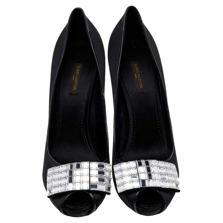 Pre Owned Louis Vuitton Black Satin Embellished Peep Toe Pumps Size 39