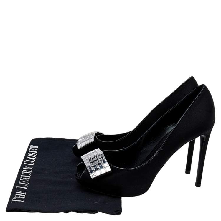 Pre Owned Louis Vuitton Black Satin Embellished Peep Toe Pumps Size 39