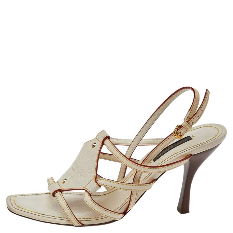 Pre Owned Louis Vuitton Cream Leather Ankle Strap Sandals Size 36.5