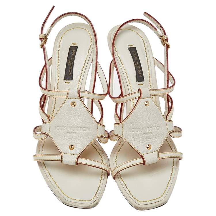 Pre Owned Louis Vuitton Cream Leather Ankle Strap Sandals Size 36.5