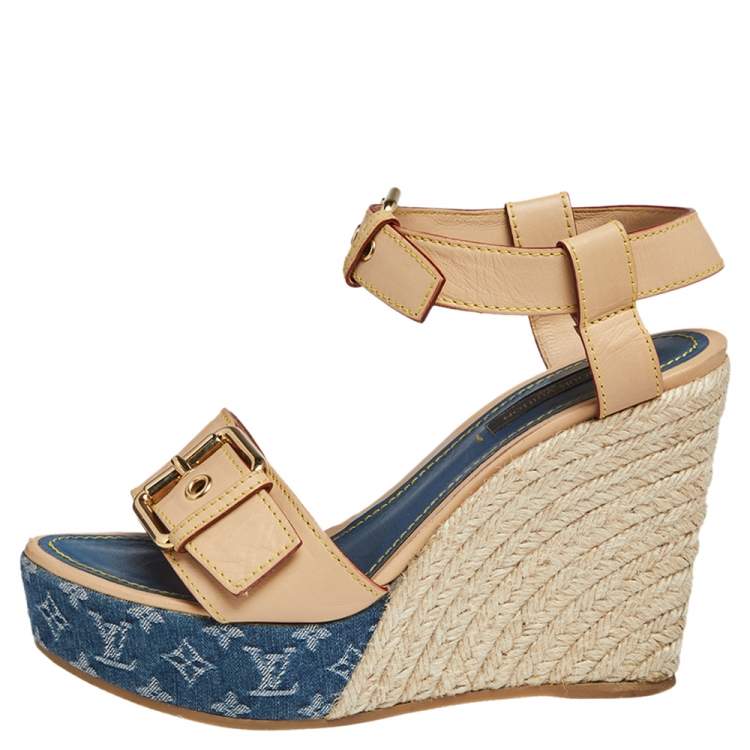 Louis Vuitton Beige/Blue Monogram Denim And Leather Espadrille Wedge Mules  Size 37 Louis Vuitton