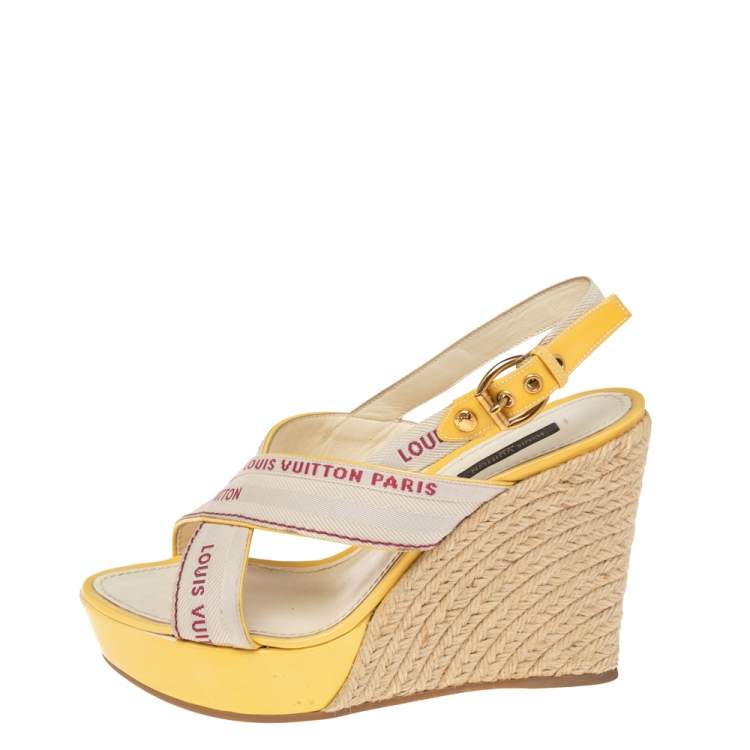 Louis Vuitton Beige/Yellow Canvas Cross Strap Espadrilles Wedge Sandals  Size 39 Louis Vuitton