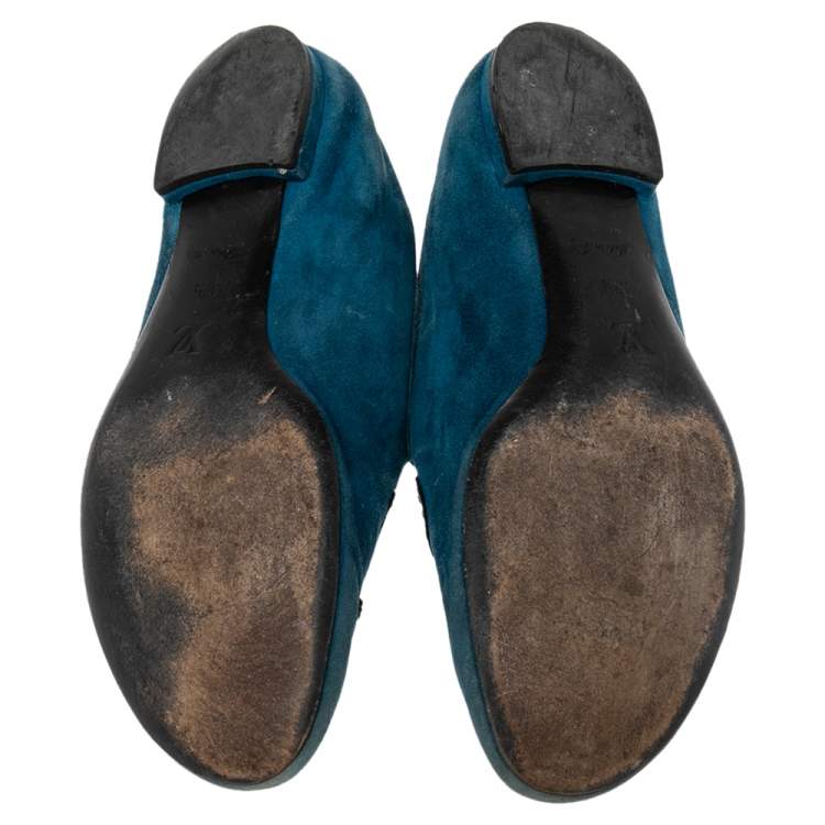 Pre Owned Louis Vuitton Blue Suede Love  Slip On Loafers Size 37.5