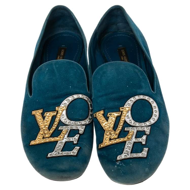 Pre Owned Louis Vuitton Blue Suede Love  Slip On Loafers Size 37.5