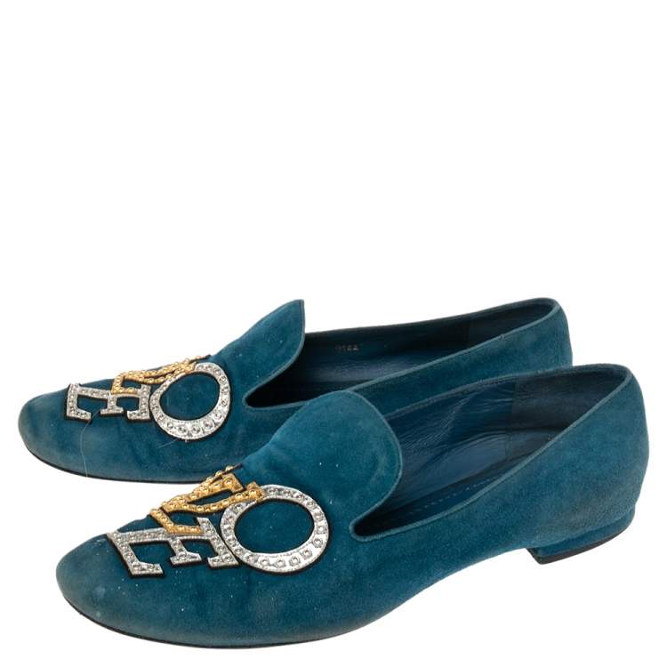 Pre Owned Louis Vuitton Blue Suede Love  Slip On Loafers Size 37.5