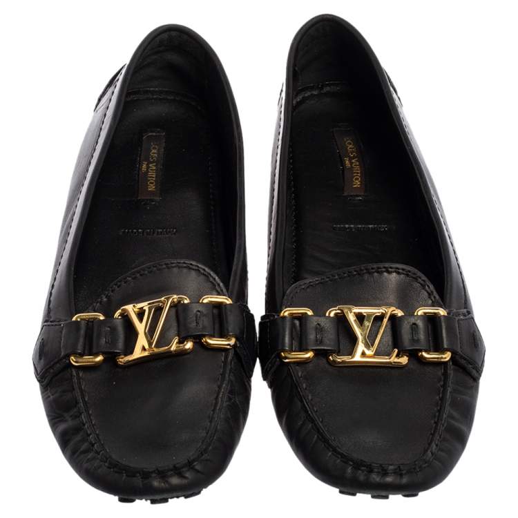 Pre Owned Louis Vuitton Black Leather Slip On Loafers Size 37.5