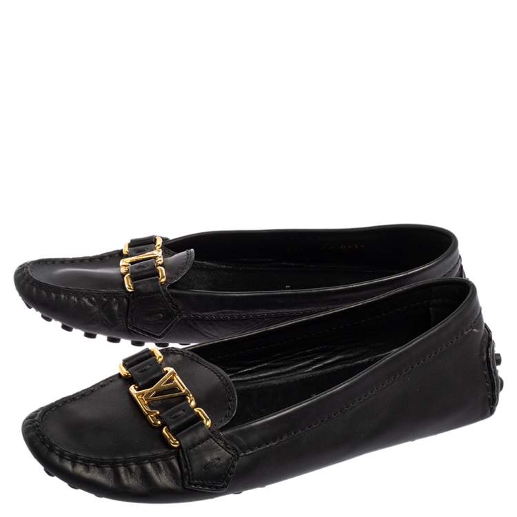 Pre Owned Louis Vuitton Black Leather Slip On Loafers Size 37.5