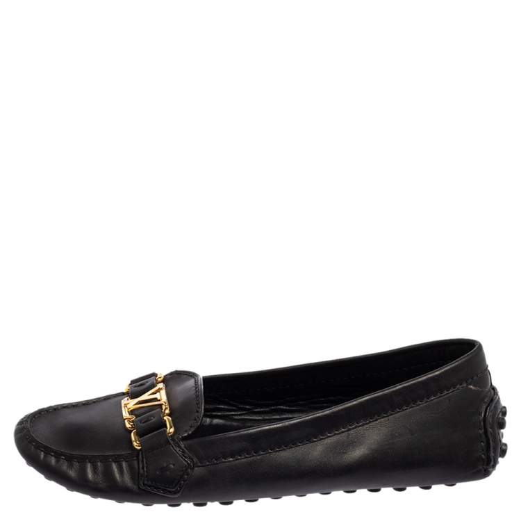Pre Owned Louis Vuitton Black Leather Slip On Loafers Size 37.5