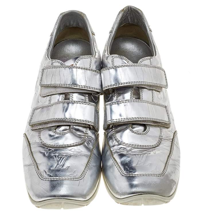 Pre Owned Louis Vuitton Silver Monogram Leather Velcro Strap Low Top Sneakers Size 40