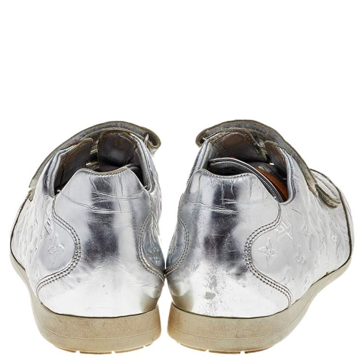 Pre Owned Louis Vuitton Silver Monogram Leather Velcro Strap Low Top Sneakers Size 40