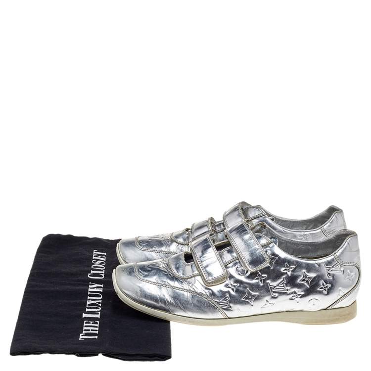 Pre Owned Louis Vuitton Silver Monogram Leather Velcro Strap Low Top Sneakers Size 40