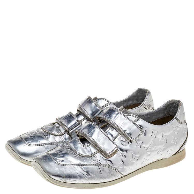 Pre Owned Louis Vuitton Silver Monogram Leather Velcro Strap Low Top Sneakers Size 40