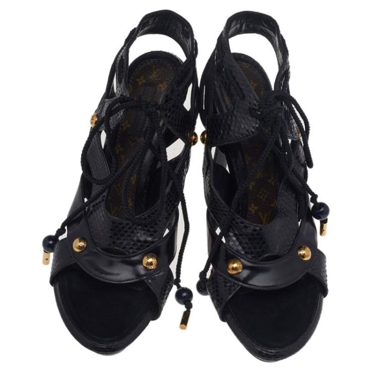 Pre Owned Louis Vuitton Black Python And Suede Ankle Tie Sandals Size 41