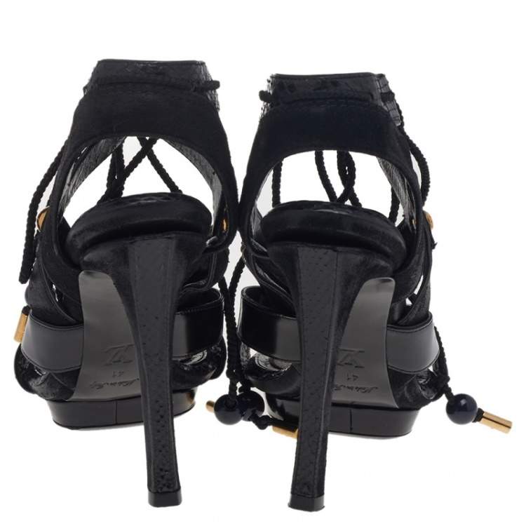 Pre Owned Louis Vuitton Black Python And Suede Ankle Tie Sandals Size 41