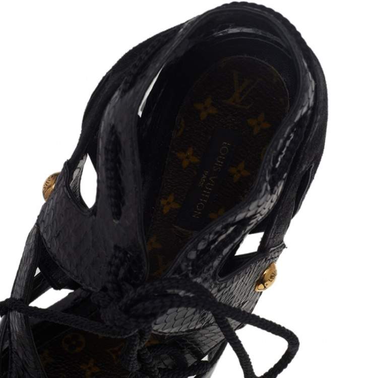 Pre Owned Louis Vuitton Black Python And Suede Ankle Tie Sandals Size 41