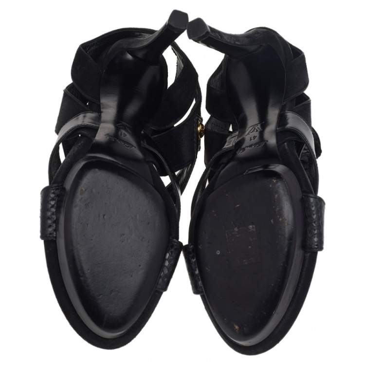 Pre Owned Louis Vuitton Black Python And Suede Ankle Tie Sandals Size 41
