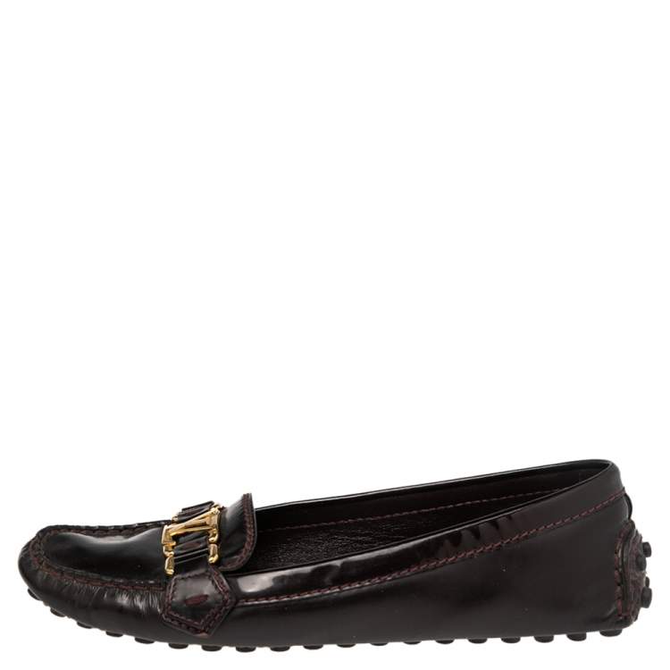 Pre Owned Louis Vuitton Burgundy Patent Leather Oxford Slip On Loafers Size 38.5