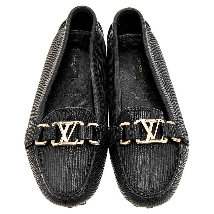 Pre Owned Louis Vuitton Black Textured Leather Oxford Slip On Loafers Size 36
