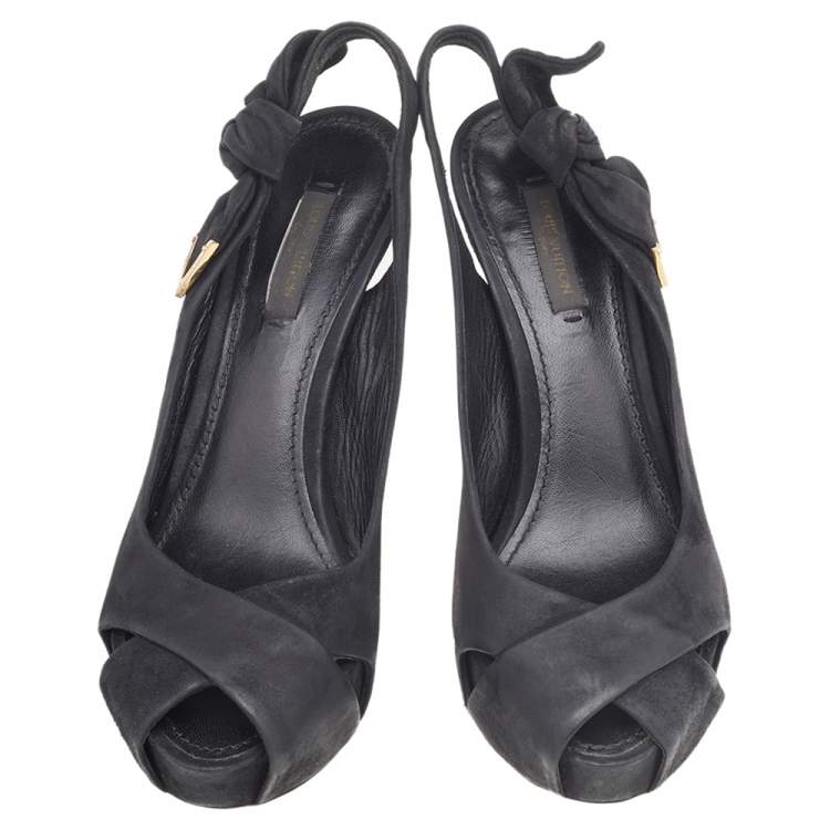 Pre Owned Louis Vuitton Black Suede Platform Slingback Sandals Size 37