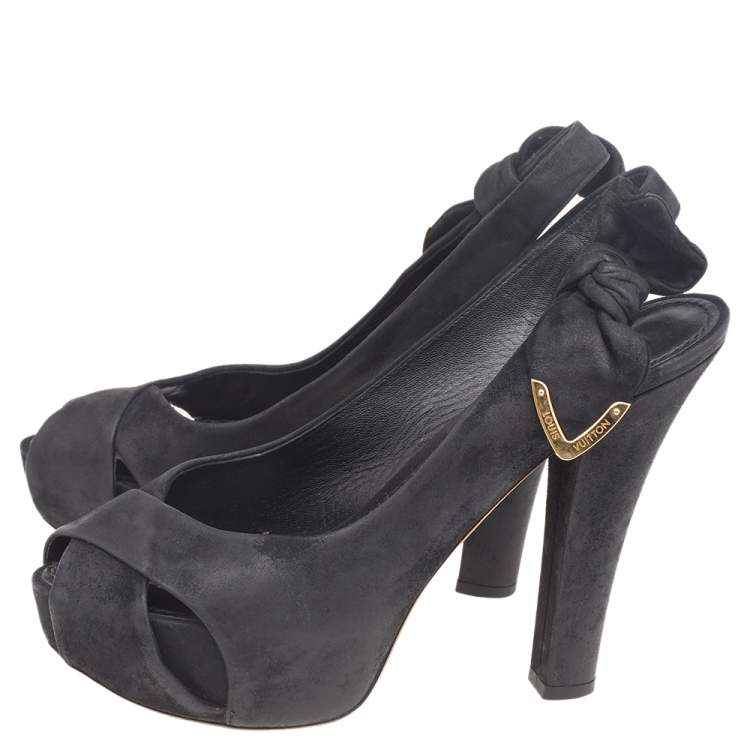 Pre Owned Louis Vuitton Black Suede Platform Slingback Sandals Size 37