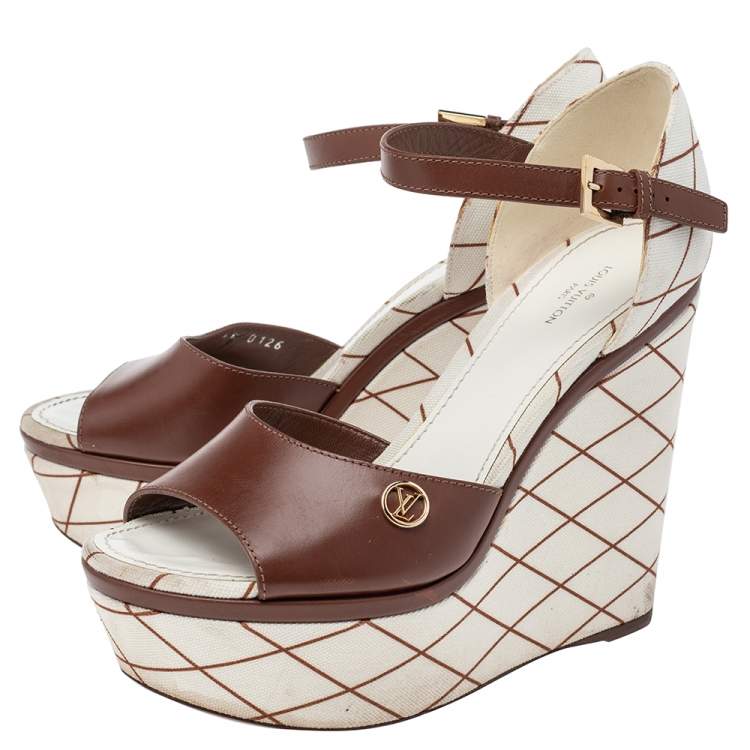 Pre Owned Louis Vuitton Brown-White Leather And Canvas Wedge Platform Ankle Strap Sandals Size 38