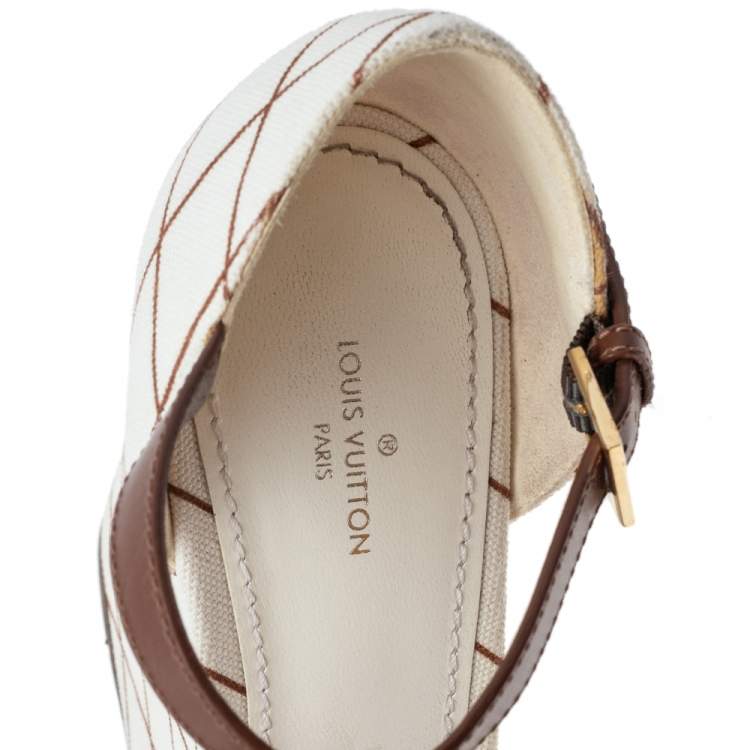 Pre Owned Louis Vuitton Brown-White Leather And Canvas Wedge Platform Ankle Strap Sandals Size 38
